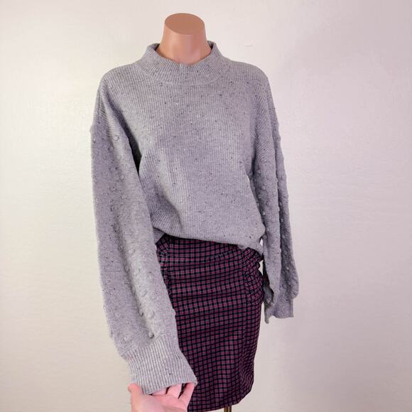 Cece Textured Dot Knit Balloon Sleeve Mock Crewneck Sweater Cute Gray sz XL NWT - Picture 1 of 12